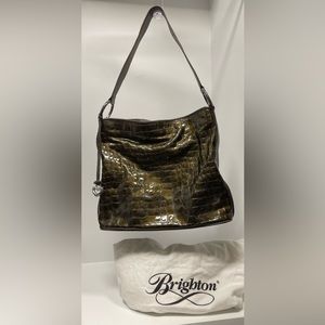 BRIGHTON SHOULDER BAG Croc embossed Patent Leather with Pebble leather trim